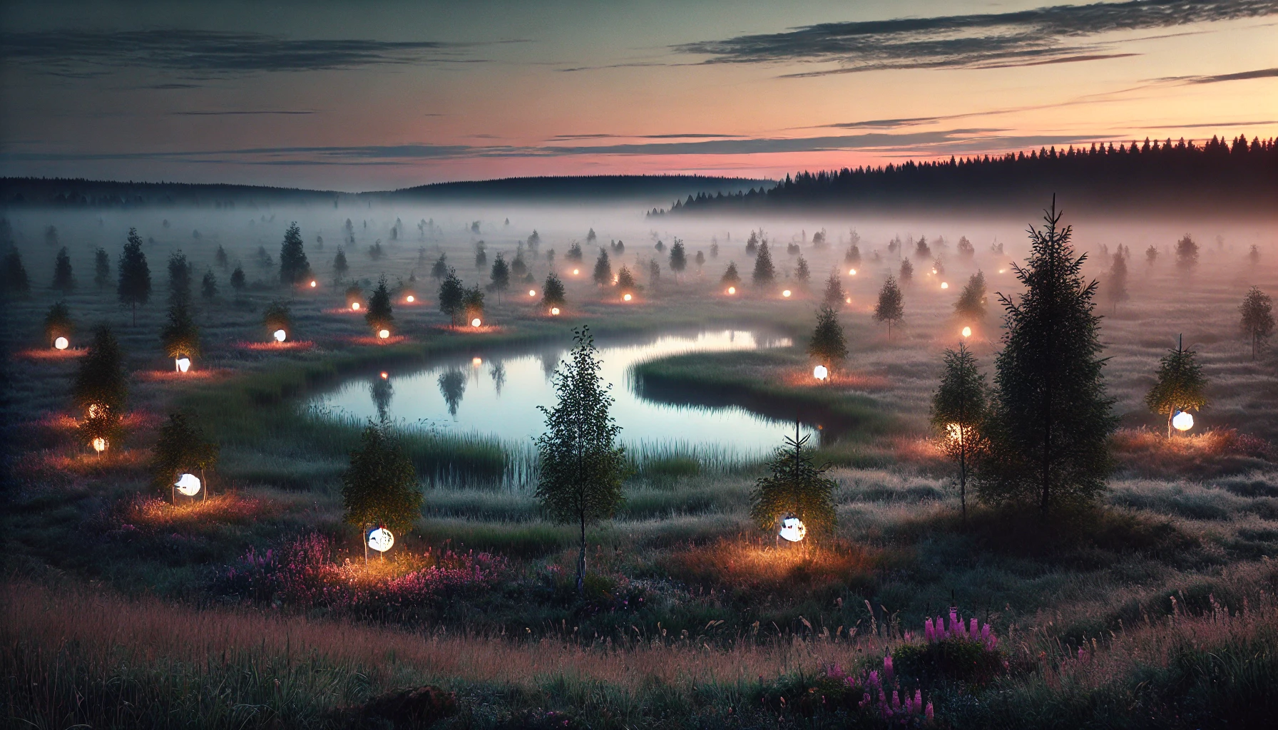 DALL·E 2024-06-26 22.15.41 - A peaceful field in the morning with a small pond. Mist is gently rising from the pond, creating an ethereal atmosphere. Along the shore, there are vi.webp